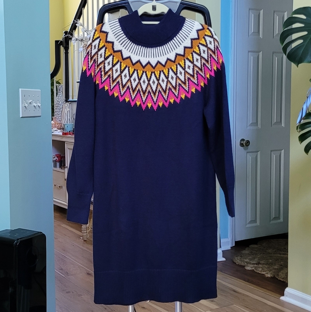 Old Navy Mock-Neck Fair Isle Sweater Dress for Women Navy Size Large